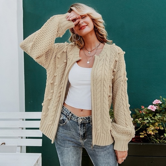 Zip Up Pom Pom Beige Cardigan - Picture 2 of 8